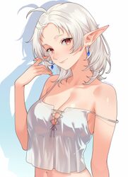 1girl ahoge armpit crease bare shoulders blush breasts camisole cleavage commentary earrings elf front-tie top hand in …