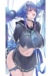 1girl arcana (fortune mate) (nikke) arcana (nikke) black sailor collar black serafuku black skirt blue eyes blue hair b…