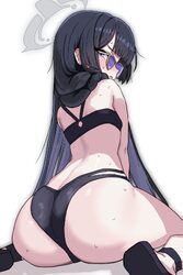 1girl  o ass ass focus bikini black bikini black hair black sandals blue archive blush braid commentary halo highres ki…