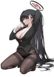 1girl adapted costume adjusting hair black bra black hair black halo black jacket black panties black pantyhose blazer …