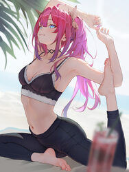1girl absurdres arm behind head armpits barefoot beach mat black bra black choker black pants blue eyes blurry blurry f…