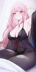 1girl absurdres arm behind head arm up armpits babydoll black babydoll black panties black pantyhose blunt bangs breast…