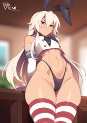 1girl animal ears artist name ass visible through thighs blurry blurry background breasts commentary cowboy shot crop t…
