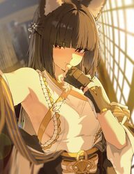 1girl absurdres animal ear fluff animal ears armpits bare shoulders black gloves black hair blunt bangs blush braid bre…