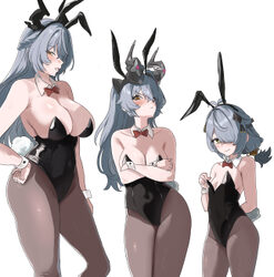 3girls absurdres animal ear hairband animal ears antenna hair black horns black leotard blush breasts brown pantyhose c…