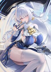 1girl absurdres blue dress bra breasts cleavage commentary request dress grey hair hand fan highres holding holding fan…