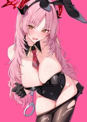 1girl @ @ animal ear hairband animal ears black gloves black leotard blue archive blush breasts cleavage clothes pull c…