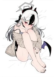 1girl admiralkeyes barefoot black choker black dress black hair black horns black nails black wings blue archive blush …
