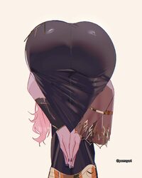 1girl amen pose (meme) ass ass focus black dress black nails bracer commentary detached sleeves dress frontbend highres…
