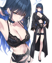 1girl absurdres adjusting hair bathrobe black bra black panties black robe blue archive blue eyes blue hair blue halo b…
