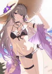 1girl absurdres alternate costume arm strap armpits bikini black bikini blurry blurry background breasts brown hair col…