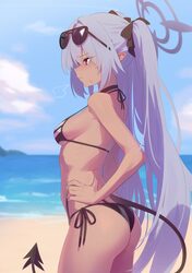 1girl absurdres anonds31 ass bare shoulders beach bikini black bikini black gloves blue archive blush breasts choker co…