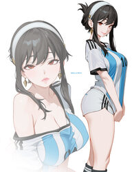 1girl absurdres argentinian national soccer team uniform bare shoulders black hair blush breasts cleavage commentary en…