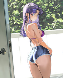 1girl ass bare back bare shoulders bikini black eyes breasts chinese commentary commentary request cowboy shot denim de…