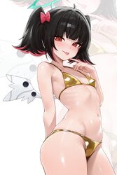 1girl absurdres alternate costume bikini black hair breasts colored inner hair commentary cowboy shot gold bikini golde…