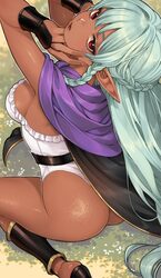 1girl aqua hair ass black cape braid breasts cape commentary dark-skinned female dark elf dark skin elf highres leotard…
