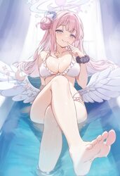 1girl  q angel wings barefoot bathtub bikini black scrunchie blue archive blush breasts cleavage commentary request cro…