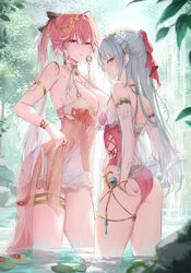 2girls absurdres adjusting clothes adjusting swimsuit ahoge aqua eyes armlet ass bare shoulders body markings bow braid…
