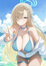 1girl absurdres alternate costume asuna (blue archive) bare shoulders bent over bikini blonde hair blue archive blue bi…