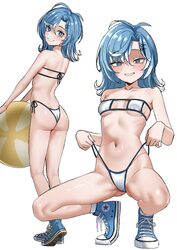 1girl absurdres ass ball beachball bikini blue eyes blue hair blue shoes breasts commentary converse curtained hair ful…