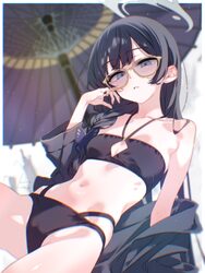 1girl  o armpit crease bikini black bikini black hair black robe blue archive border braid breasts butterfly hair ornam…