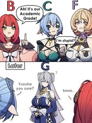 2koma 4girls ? absurdres animal ears ascot bare shoulders blonde hair blue dress blue hair blue horns breasts bust char…