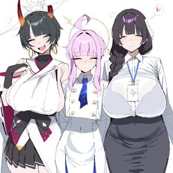3girls absurdres ahoge black bra black gloves black hair black skirt blue archive blue necktie blunt bangs blush bob cu…