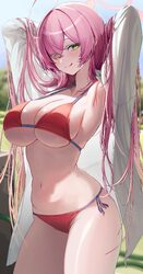 1girl  q absurdres adjusting hair armpits arms behind head arms up bikini blue archive breasts cleavage commentary dres…