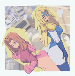1boy 2girls ass-to-ass atom eve bare legs blonde blazer blonde hair blue eyes blue gloves breasts capelet city clenched…