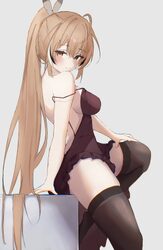 1girl absurdres ahoge bare back black streaks black thighhighs breasts brown eyes brown hair closed mouth commentary cr…