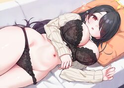 1girl black bra black hair black panties blue archive blush bra breasts commentary request detached sleeves hair over o…