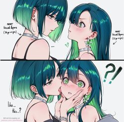 !? 2girls ? absurdres bare shoulders blush choker closed mouth commentary dual persona earrings english commentary engl…