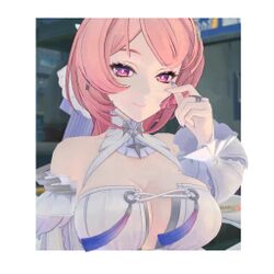 1girl 3d animated bare shoulders border breasts cleavage closed mouth detached sleeves dress finger heart game screensh…