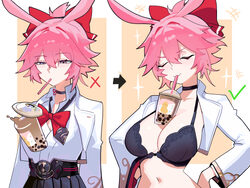 2girls alternate breast size (larger) animal ears black bra black choker black skirt bow bowtie bra breast size differe…