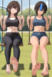 2girls  /  o abs bare arms bare legs bare shoulders barefoot black hair black nails black pants black sports bra blue s…