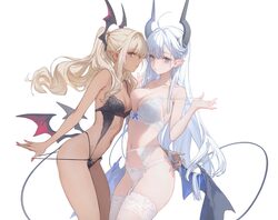 2girls absurdres bare arms bare shoulders bikini black bra black panties blonde hair blue eyes bra breast press breasts…