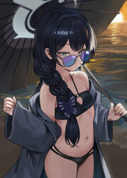 1girl absurdres bikini black bikini black coat black hair blue archive breasts coat commentary grey eyes grey halo halo…