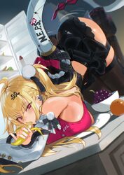 1girl absurdres ahoge ass banana bare shoulders black boots black leotard black skirt black thighhighs blonde hair boot…