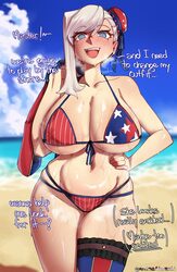 1girl american flag american flag bikini american flag print asymmetrical hair beach bikini blue eyes blue sky blush br…