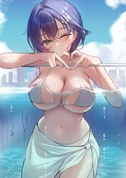 ) 1girl absurdres against glass alternate costume belle (zenless zone zero) bikini blue hair blush breast press breasts…