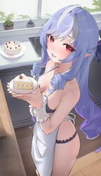 1girl absurdres apron black bra black panties blush bra breasts cake cake slice cleavage commentary request drill hair …