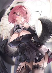 1girl absurdres black bow black dress black feathers black shrug black thighhighs black wings blush bow breasts chinese…