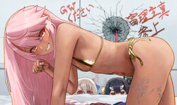 3girls bare shoulders bikini black hair blush breasts brown eyes chloe von einzbern commentary request dark-skinned fem…
