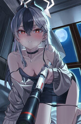 1girl absurdres aiming aiming at viewer all fours at gunpoint bare shoulders black dress black hair black panties blue …