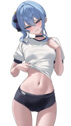 1girl alternate costume black buruma black choker blue eyes blue hair blue ribbon blush breasts buruma choker clothes l…