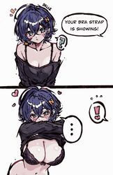 ... 1girl 2koma ? alternate breast size (larger) bare shoulders belle (zenless zone zero) black bra black shirt blue ha…