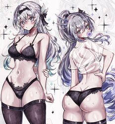 2girls aqua hair arm behind back ass black bra black hairband black panties black thighhighs bra breasts chewing gum co…