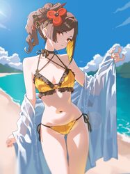 1girl absurdres alternate costume bare shoulders bikini blonde hair blue sky blurry breasts brown hair chiori (genshin …