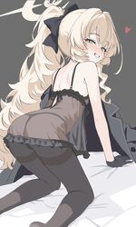 1girl all fours ass babydoll bare shoulders black babydoll black gloves black panties black pantyhose blonde hair blue …