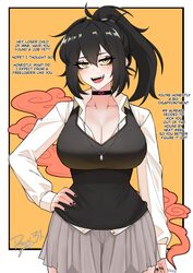 1girl alternate breast size (larger) artist name black choker black hair black nails border breasts choker cigarette cl…